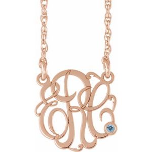 14K Rose 25 mm 3-Initials Imitation Aquamarine Script Monogram 18" Necklace