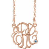 14K Rose Gold-Plated Sterling Silver 25 mm 3-Initials Imitation Aquamarine Script Monogram 18" Necklace