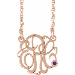 14K Rose 25 mm 3-Initials Imitation Amethyst Script Monogram 18" Necklace