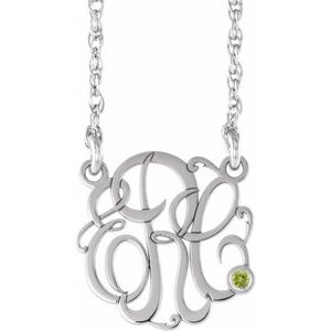 14K White 25 mm 3-Initials Imitation Peridot Script Monogram 18" Necklace