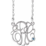 14K White 30 mm 3-Initials Imitation Aquamarine Script Monogram 18" Necklace