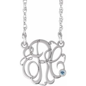 Rhodium-Plated Sterling Silver 25 mm 3-Initials Imitation Aquamarine Script Monogram 18" Necklace