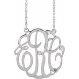 14K White 20 mm 3-Initials Imitation Blue Zircon Script Monogram 18" Necklace