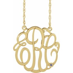 14K Yellow 30 mm 3-Initials Imitation Blue Zircon Script Monogram 18" Necklace