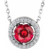 14K White Lab-Grown Ruby & .05 CTW Natural Diamond Halo-Style 16" Necklace