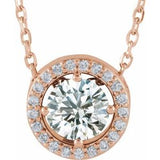 14K Rose Natural White Sapphire & .05 CTW Natural Diamond Halo-Style 16" Necklace