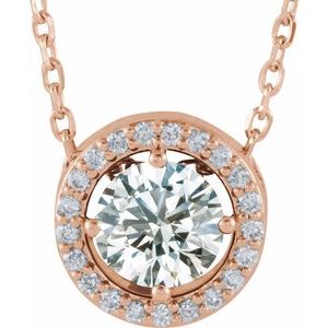 14K Rose Natural White Sapphire & .05 CTW Natural Diamond Halo-Style 16" Necklace