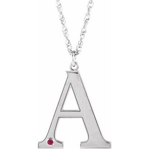 14K White Engravable Imitation Ruby Initial A 18" Necklace