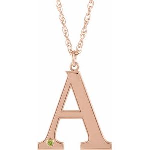 14K Rose Engravable Imitation Peridot Initial A 18" Necklace