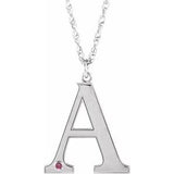 Rhodium-Plated Sterling Silver Engravable Imitation Pink Tourmaline Initial A 18" Necklace