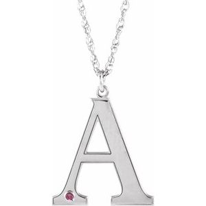 14K White Engravable Imitation Pink Tourmaline Initial A 18" Necklace
