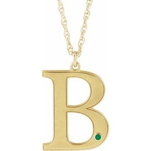 10K Yellow Engravable Imitation Emerald Initial B 18" Necklace