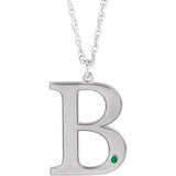 14K White Engravable Imitation Emerald Initial B 18" Necklace