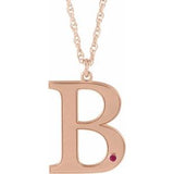 14K Rose Engravable Imitation Ruby Initial B 18" Necklace
