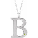 Rhodium-Plated Sterling Silver Engravable Imitation Peridot Initial B 18" Necklace