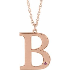 14K Rose Engravable Imitation Pink Tourmaline Initial B 18" Necklace