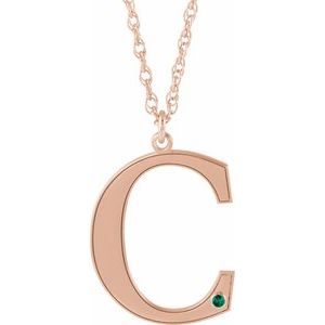 14K Rose Engravable Imitation Emerald Initial C 18" Necklace