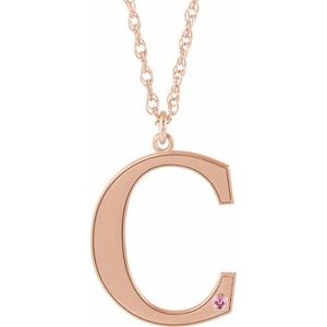 14K Rose Engravable Imitation Pink Tourmaline Initial C 18" Necklace