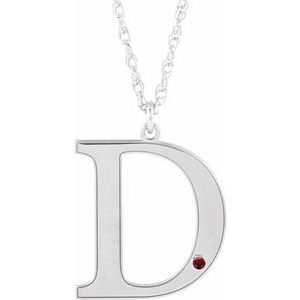14K White Engravable Imitation Mozambique Garnet Initial D 18" Necklace