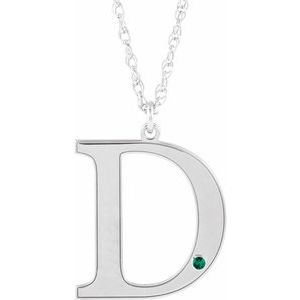 14K White Engravable Imitation Emerald Initial D 18" Necklace