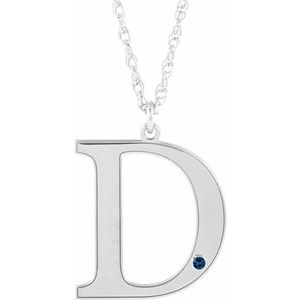 14K White Engravable Imitation Blue Sapphire Initial D 18" Necklace