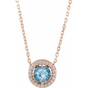 14K Rose Natural Aquamarine & .05 CTW Natural Diamond Halo-Style 16" Necklace
