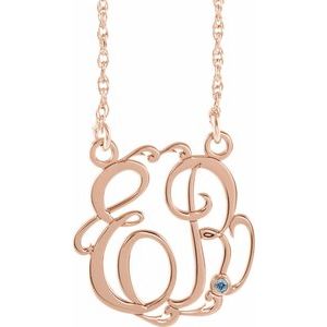 14K Rose Gold-Plated Sterling Silver 20 mm 2-Initials Imitation Aquamarine Script Monogram 18" Necklace
