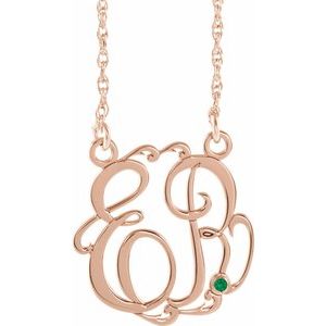 14K Rose 20 mm 2-Initials Imitation Emerald Script Monogram 18" Necklace