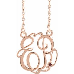 14K Rose 20 mm 2-Initials Imitation Mozambique Garnet Script Monogram 18" Necklace