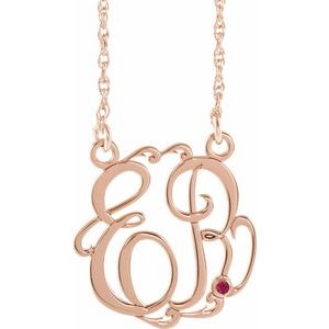 14K Rose Gold-Plated Sterling Silver 20 mm 2-Initials Imitation Ruby Script Monogram 18" Necklace