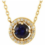14K Yellow Lab-Grown Blue Sapphire & .05 CTW Natural Diamond Halo-Style 16" Necklace
