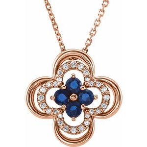 14K Rose Lab-Grown Blue Sapphire & .08 CTW Natural Diamond Clover 18" Necklace