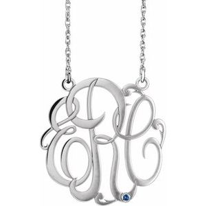 14K White 25 mm 3-Initials Imitation Blue Sapphire Script Monogram 18" Necklace
