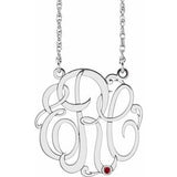 14K White 30 mm 3-Initials Imitation Ruby Script Monogram 18" Necklace