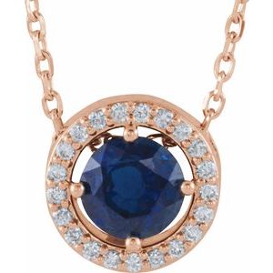 14K Rose Natural Blue Sapphire & .05 CTW Natural Diamond Halo-Style 16" Necklace