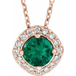 14K Rose Lab-Grown Emerald & .08 CTW Natural Diamond 18" Necklace
