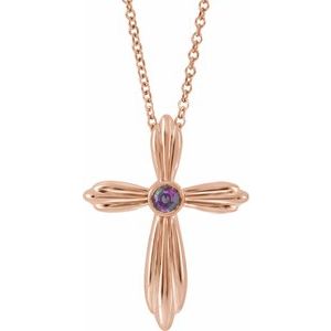 14K Rose Lab-Grown Alexandrite Cross 16-18" Necklace