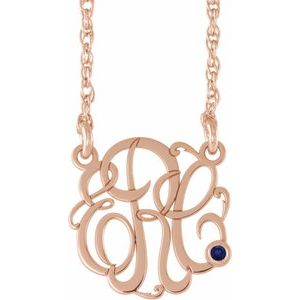 14K Rose 25 mm 3-Initials Imitation Blue Sapphire Script Monogram 18" Necklace