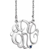Rhodium-Plated Sterling Silver 20 mm 3-Initials Imitation Blue Sapphire Script Monogram 18" Necklace