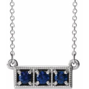 14K White Lab-Grown Blue Sapphire Three-Stone Bar 16-18" Necklace