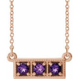 14K Rose Natural Amethyst Three-Stone Bar 16-18" Necklace