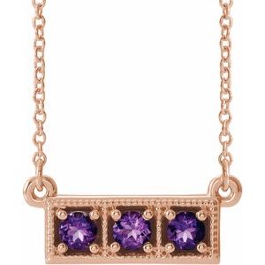 14K Rose Natural Amethyst Three-Stone Bar 16-18" Necklace