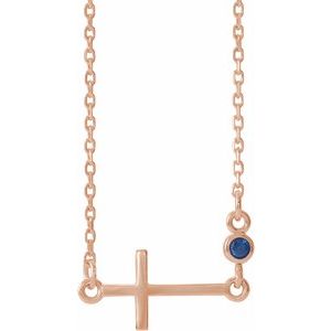 14K Rose Natural Blue Sapphire Sideways Cross 16-18" Necklace