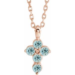 14K Rose Natural Aquamarine Cross 16-18" Necklace