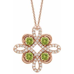 14K Rose Natural Peridot & 1/6 CTW Natural Diamond Clover 18" Necklace