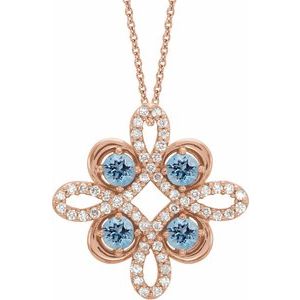 14K Rose Natural Aquamarine & 1/6 CTW Natural Diamond Clover 18" Necklace
