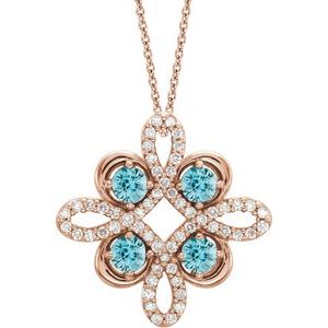 14K Rose Natural Blue Zircon & 1/8 CTW Natural Diamond Clover 18" Necklace
