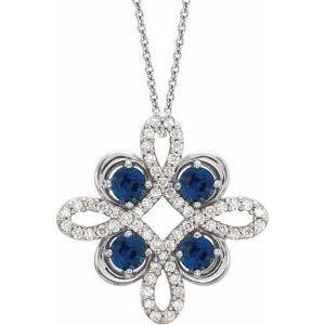 14K White Lab-Grown Blue Sapphire & 1/6 CTW Diamond Clover 18" Necklace