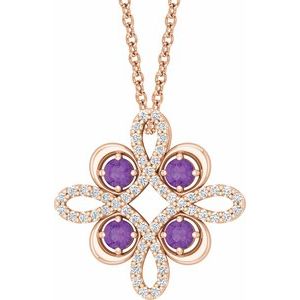 14K Rose Natural Amethyst & 1/6 CTW Natural Diamond Clover 18" Necklace