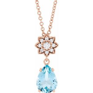 14K Rose Natural Aquamarine & .08 CTW Natural Diamond 16-18" Necklace